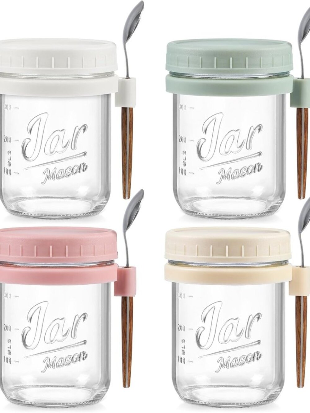4 Pack Glass Mason Jars with Lids & Spoons - Airtight Overnight Oats Containers